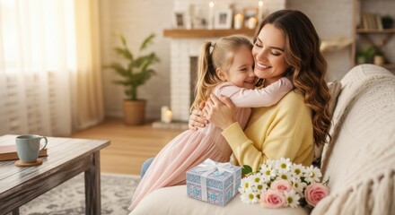 Warm natural light fills a cozy living room where a smiling young European mother hugs her little daughter on a couch, surrounded by flowers and a handmade gift box, celebrating Mother’s Day with soft