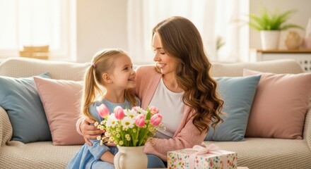 Warm natural light fills a cozy living room where a smiling young European mother hugs her little daughter on a couch, surrounded by flowers and a handmade gift box, celebrating Mother’s Day with soft