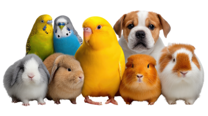 Adorable Animal Gathering: A charming collection of domestic pets, including colorful birds, a playful puppy, and various small mammals, come together.