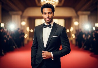 Stylish mixed ethnicity male actor confidently posing on red carpet in tailored black tuxedo with glamorous gold-toned background and camera flashes


