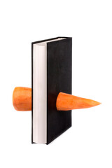 Carrots pierces a thick book on a white background
