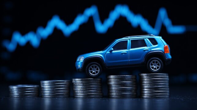 A financial chart or stock market chart alongside a small car model symbolizing the adverse effects of tariffs and taxation