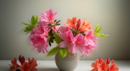 Soft-focus still life of vibrant pink and orange azalea flowers in light vase with diffused natural light on muted textured background

