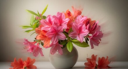 Soft-focus still life of vibrant pink and orange azalea flowers in light vase with diffused natural light on muted textured background

