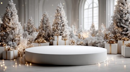 Podium with Festive Lights and Confetti Background