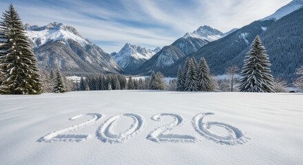 Serene winter landscape with '2026' carved into snow foreground