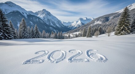 Serene winter landscape with '2026' carved into snow foreground