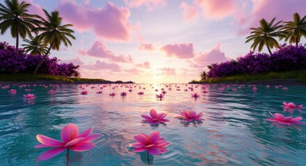 Serene tropical lagoon with crystal-clear aqua water, floating pink flowers, lush palm greenery, and a vibrant sunset sky in soft pink and purple hues

