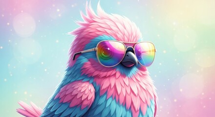 Playful cartoon bird with fluffy pink and blue feathers wearing oversized rainbow sunglasses on pastel bokeh background

