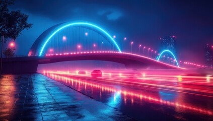 Modern bridge with glowing blue arches and vibrant red lighting reflecting on wet pavement and river at night in an urban setting