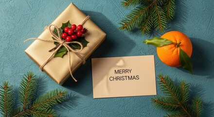 Festive flat lay with a wrapped gold gift, red berries, beige 'Merry Christmas' card, orange tangerine, and evergreen sprigs on textured teal background