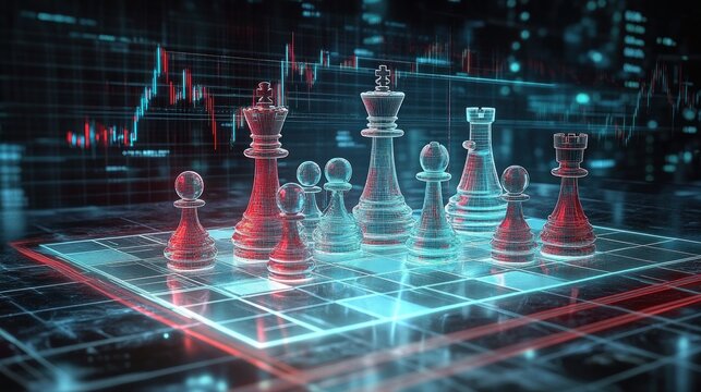 Transparent chess pieces on a glowing digital chessboard with red and blue highlights, set against a futuristic background featuring financial data charts, evoking strategy and technology