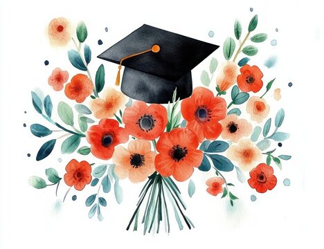 Watercolor bouquet of red and peach flowers with green leaves and a black graduation cap on top symbolizing achievement and celebration - Powered by Adobe