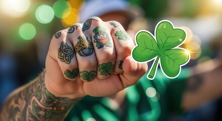 Saint Patrick’s Day festive hand gesture with detailed tattoos and a playful shamrock graphic symbolizing luck and celebration
