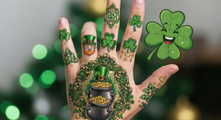 Saint Patrick’s Day festive hand gesture with detailed tattoos and a playful shamrock graphic symbolizing luck and celebration