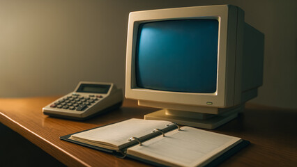 An old computer with a calculator and a notepad, a reminder of a past technological era. 