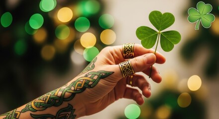 Saint Patrick’s Day festive hand gesture with detailed tattoos and a playful shamrock graphic symbolizing luck and celebration