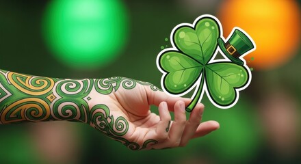 Saint Patrick’s Day festive hand gesture with detailed tattoos and a playful shamrock graphic symbolizing luck and celebration