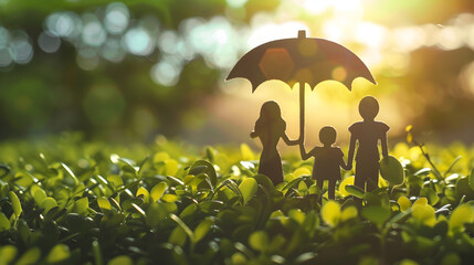 Paper figures of a family under an umbrella - a symbol of care, love and financial protection. Concept of security and stability - a family under an umbrella among greenery in the sun