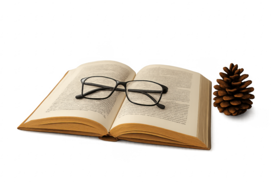 Open book with reading glasses and pine cone learning - Powered by Adobe