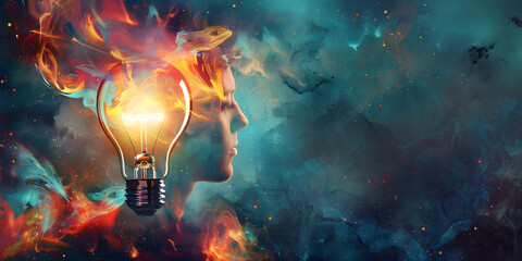 Creative idea concept - profile of a man with a glowing light bulb in his head, abstract thinking, inspiration and innovation.  Brain glowing with ideas - artistic depiction of creative thinking