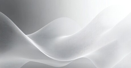 Smooth flowing white translucent wave shapes overlapping on a light gray gradient background creating a soft and calming abstract scene