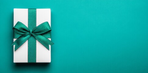 A flawless white gift box decorated with a bright green satin ribbon, tied in a traditional bow, sits on a sleek green surface, representing a considerate gift or festive event