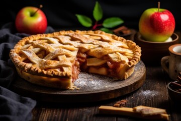 Freshly baked apple pie with a slice missing, revealing the delicious apple filling, sits on a wooden table with apples and cinnamon sticks nearby