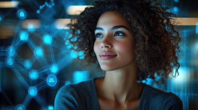 Young woman with curly hair looking thoughtfully to the side with a futuristic digital network overlay in the background