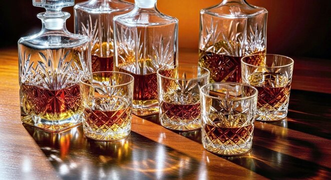 Dramatic Still Life of Crystal Glassware Decanters and Shadow Reflections in a Luxury Bar