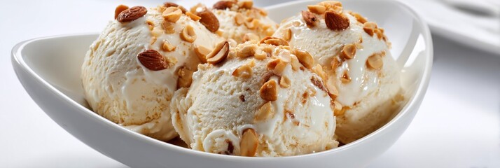 A scoop of creamy coconut ice cream topped with peanuts and sticky rice, minimalist white bowl, natural bright light.