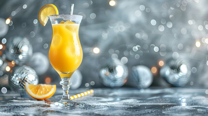 Yellow drink in a glass with sugar rim and bokeh lights, festive atmosphere. Stylish cocktail with sparkles on a background of blurred lights, party and holiday concept