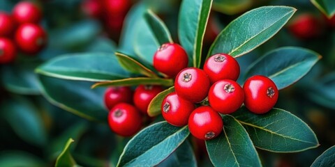 Close-up of bright red berries clustered on green leafy branches in a natural outdoor setting