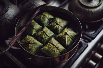 Green Wrapped Foods in a Black Pot