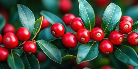 Close-up of vibrant red berries clustered on branches with glossy green leaves in natural light