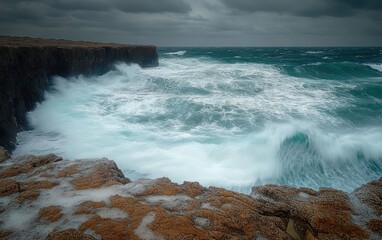 Rough sea waves crashing against rugged rocky cliffs under a cloudy stormy sky