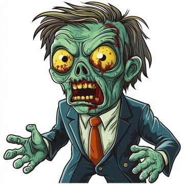 cartoonish zombie with green decayed skin, wide bloodshot yellow eyes, disheveled hair, wearing a dark suit and red tie, reaching forward with clawed hands in a threatening manner