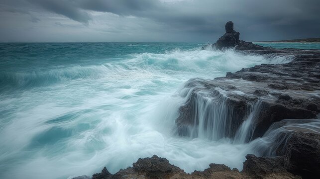 Powerful ocean waves crashing over jagged rocky cliffs under a cloudy stormy sky creating a dramatic and intense seascape - Powered by Adobe