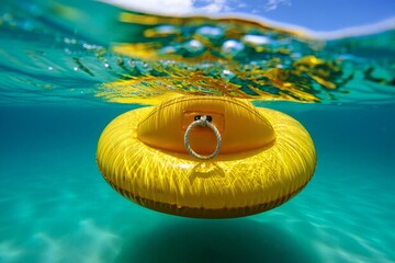 Vibrant Yellow Floating Inflatable in Crystal Clear Water Beneath a Bright Sky