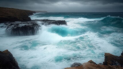 Rough ocean waves crashing against dark rocky cliffs under a stormy cloudy sky conveying power and drama