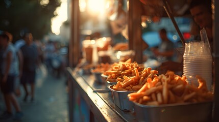 Street food stall offers golden french fries under warm sunlight.
