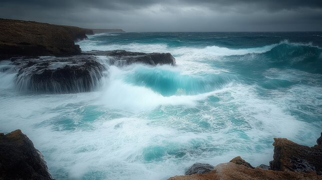 Rough ocean waves crashing against dark rocky cliffs under a stormy cloudy sky conveying power and drama