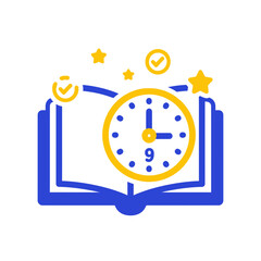 Open book with clock and stars, symbolizing education, learning, and time management, suitable for a green screen background