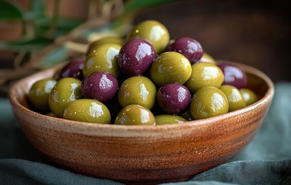 close-up of a wooden bowl filled with shiny green and purple olives on a dark fabric surface