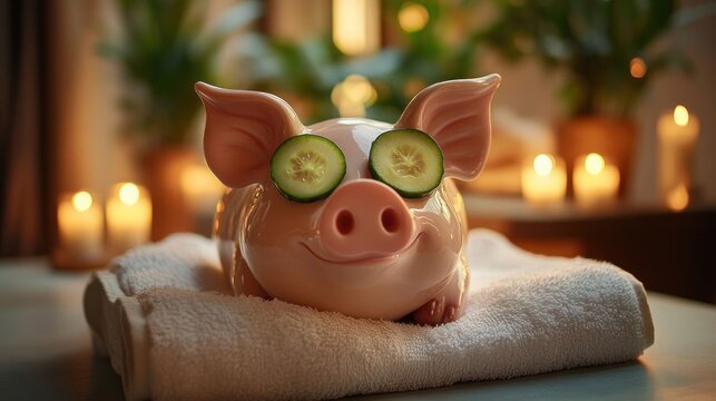 A ceramic piggy bank with cucumber slices on its eyes rests on a towel in a warm, candlelit spa-like setting - Powered by Adobe