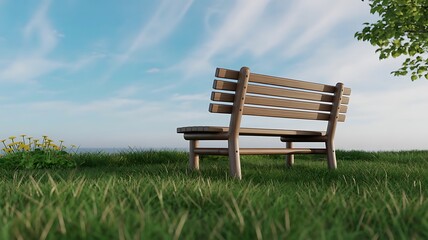 Fototapeta premium Empty wooden park bench in lush green grass under a cloudy sky