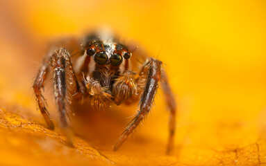 A photo of a spider with amazing color and detail. Natural background. Jumping spider.