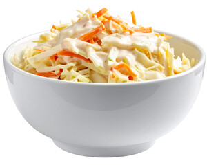 A white ceramic bowl filled with classic creamy coleslaw made of finely shredded cabb 