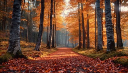 Serene forest pathway covered with vibrant fallen autumn leaves surrounded by tall trees with golden orange foliage and soft sunlight filtering through