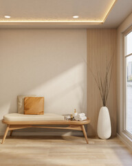 Wooden spa chair with towel and cushion aside vase on wooden parquet floor aside glass wall window.